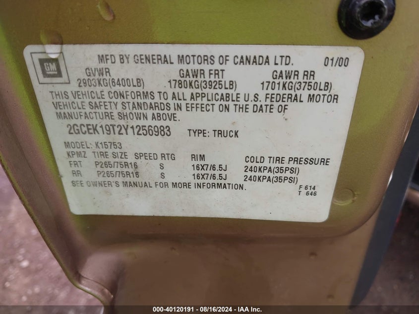 2000 Chevrolet Silverado 1500 Ls VIN: 2GCEK19T2Y1256983 Lot: 40120191