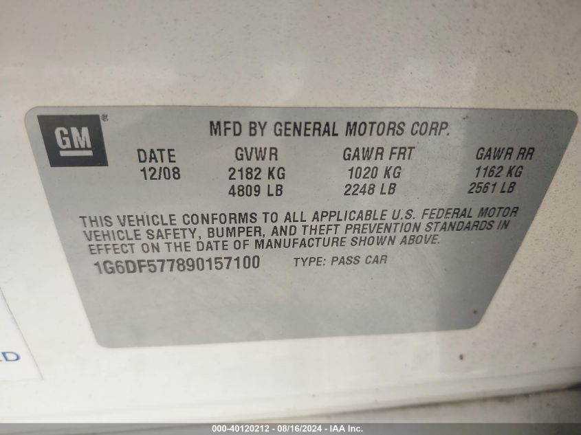 2009 Cadillac Cts Standard VIN: 1G6DF577890157100 Lot: 40120212