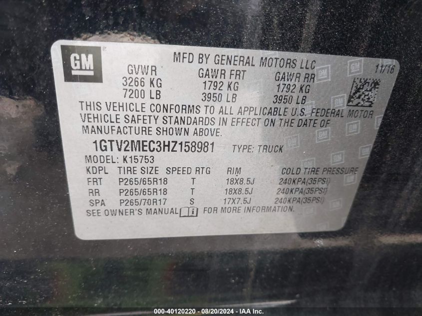 1GTV2MEC3HZ158981 2017 GMC Sierra 1500 Sle