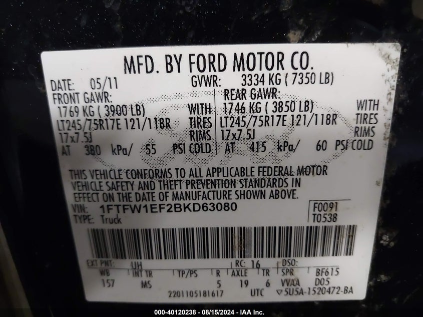 2011 Ford F-150 Xlt VIN: 1FTFW1EF2BKD63080 Lot: 40120238