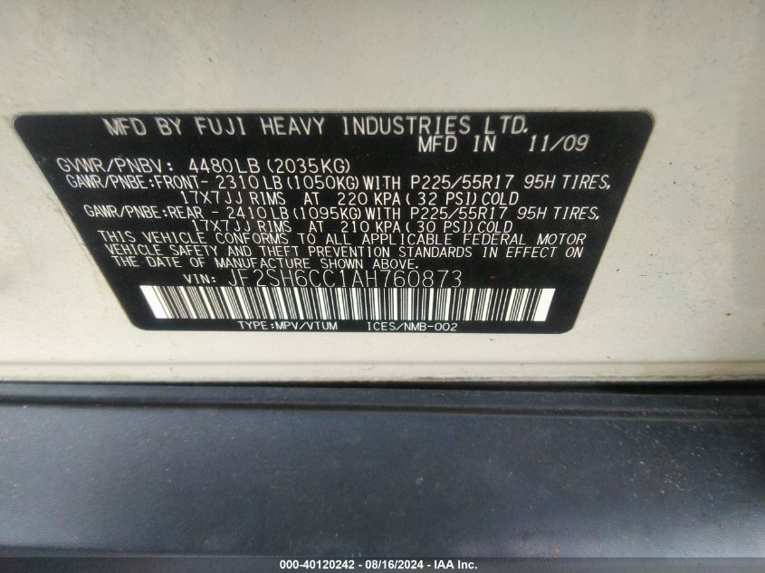 2010 Subaru Forester 2.5X Premium VIN: JF2SH6CC1AH760873 Lot: 40120242