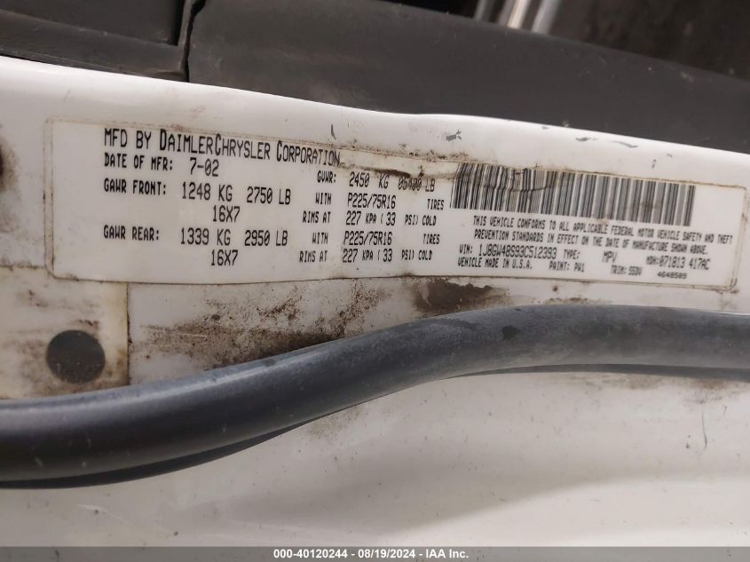 2003 Jeep Grand Cherokee Laredo VIN: 1J8GW48S93C512393 Lot: 40120244