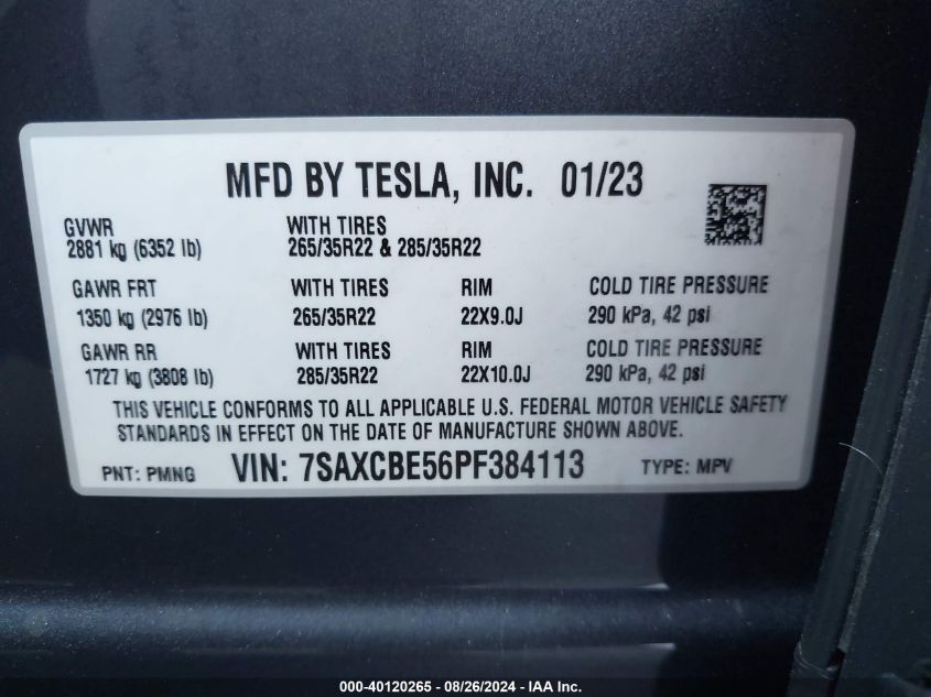 2023 Tesla Model X Dual Motor All-Wheel Drive/Standard Range VIN: 7SAXCBE56PF384113 Lot: 40120265