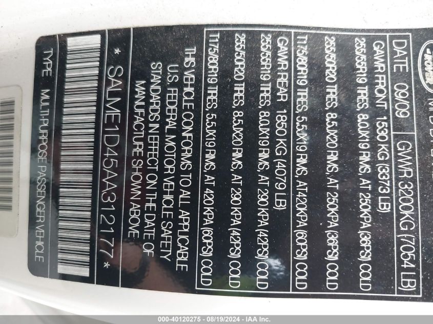 2010 Land Rover Range Rover Hse VIN: SALME1D45AA312177 Lot: 40120275