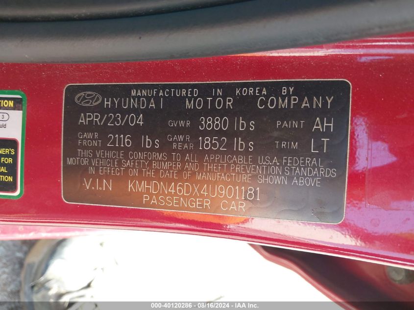 2004 Hyundai Elantra Gls/Gt VIN: KMHDN46DX4U901181 Lot: 40120286