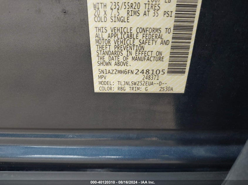 2015 Nissan Murano S/Sl/Sv/Platinum VIN: 5N1AZ2MH6FN248105 Lot: 40120310