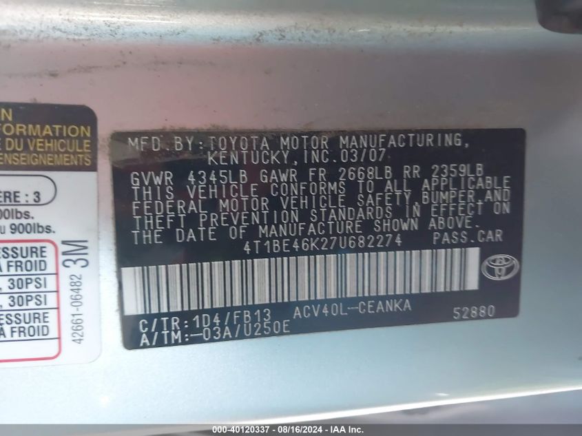 2007 Toyota Camry Le VIN: 4T1BE46K27U682274 Lot: 40120337