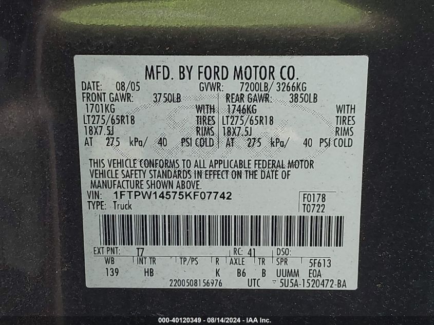 2005 Ford F-150 Fx4/Lariat/Xlt VIN: 1FTPW14575KF07742 Lot: 40120349