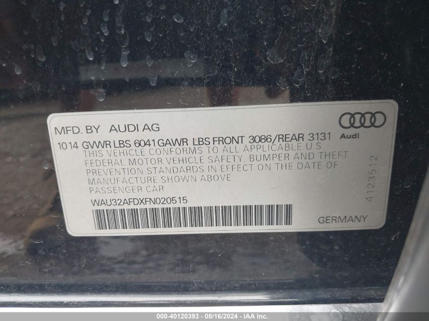 2015 Audi A8 L 4.0T VIN: WAU32AFDXFN020515 Lot: 40120393