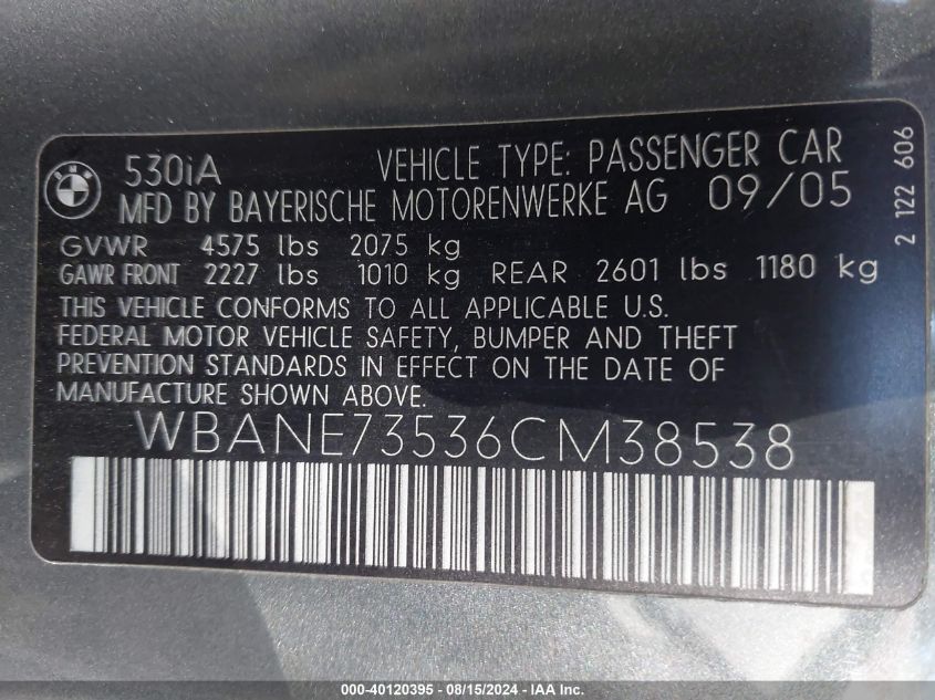 2006 BMW 530I VIN: WBANE73536CM38538 Lot: 40120395