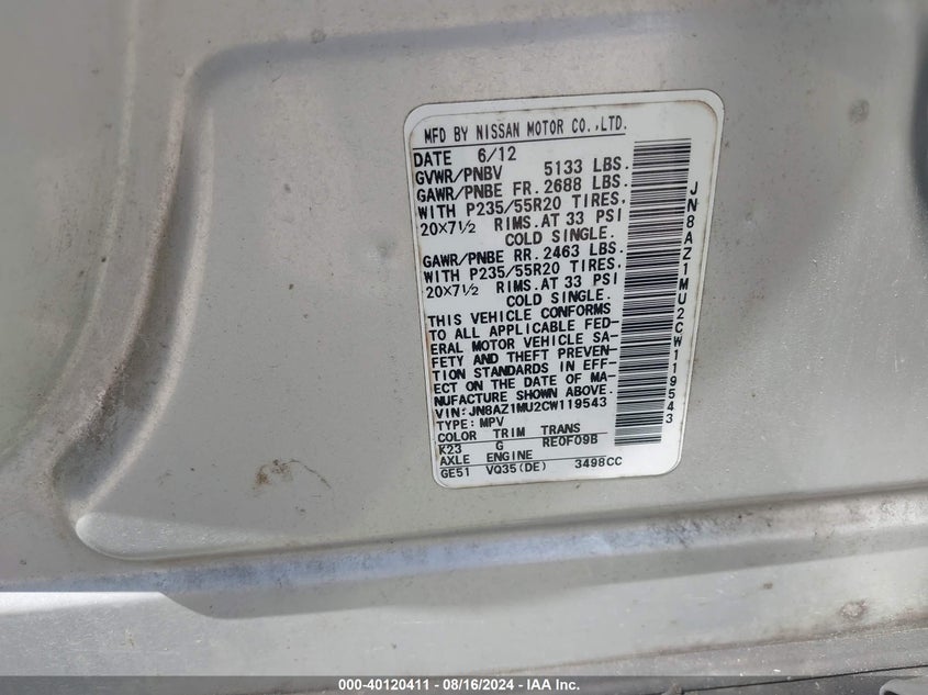 2012 Nissan Murano Le VIN: JN8AZ1MU2CW119543 Lot: 40120411