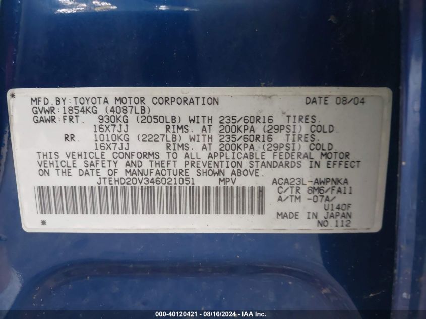 2004 Toyota Rav4 VIN: JTEHD20V346021051 Lot: 40120421