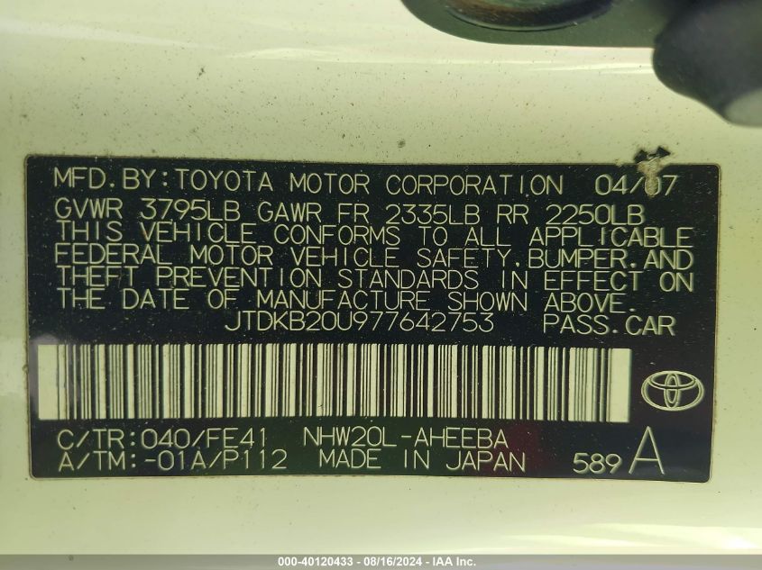 2007 Toyota Prius VIN: JTDKB20U977642753 Lot: 40120433