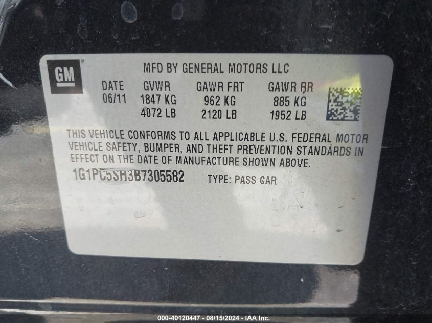 2011 Chevrolet Cruze Ls VIN: 1G1PC5SH3B7305582 Lot: 40120447