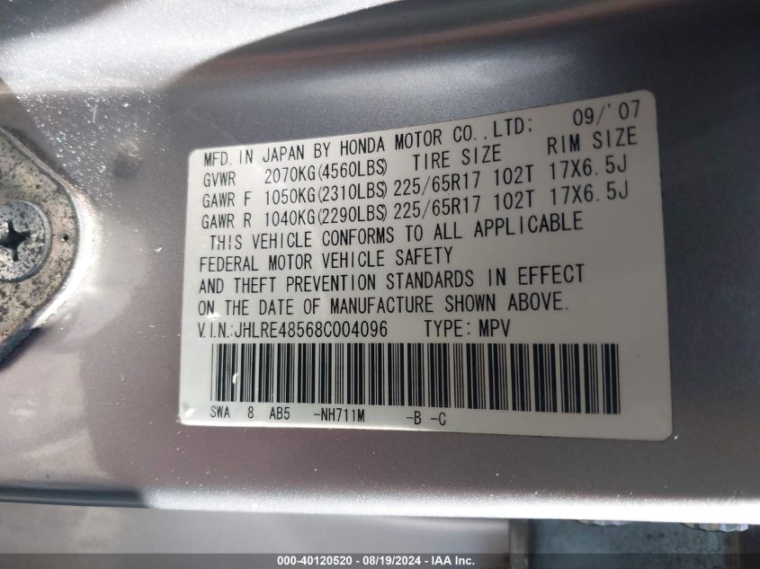 2008 Honda Cr-V Ex VIN: JHLRE48568C004096 Lot: 40120520