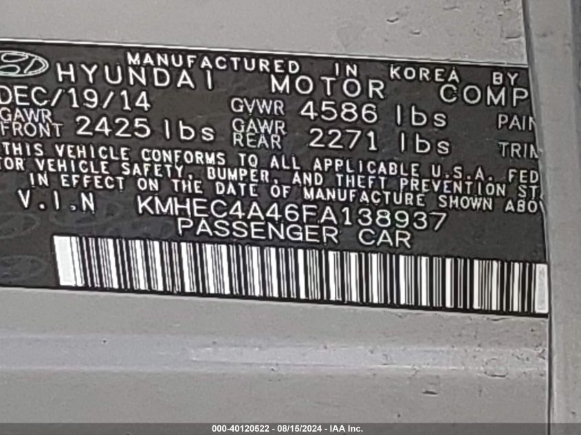 2015 Hyundai Sonata Hybrid VIN: KMHEC4A46FA138937 Lot: 40120522