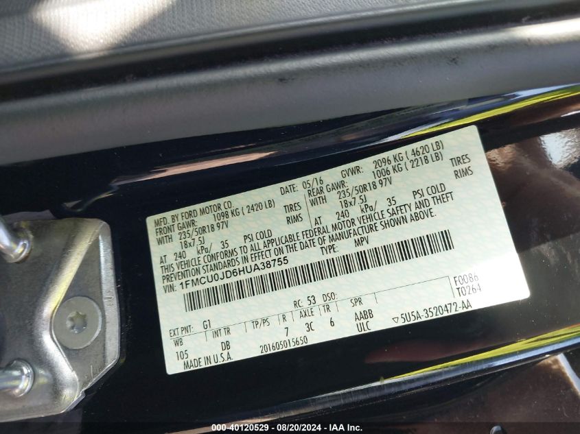 2017 Ford Escape Titanium VIN: 1FMCU0JD6HUA38755 Lot: 40120529