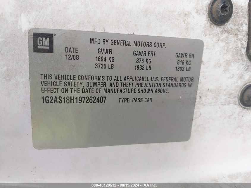 2009 Pontiac G5 VIN: 1G2AS18H197262407 Lot: 40120532