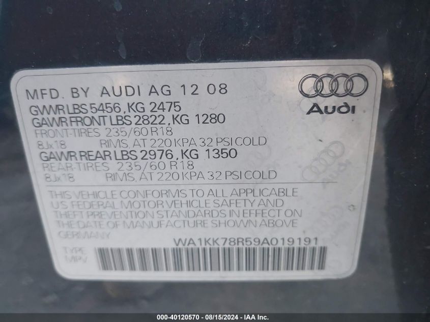 2009 Audi Q5 3.2 Premium VIN: WA1KK78R59A019191 Lot: 40120570