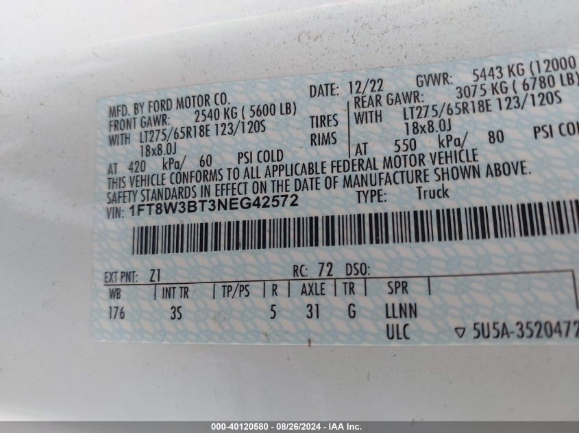 2022 Ford F350 Super Duty VIN: 1FT8W3BT3NEG42572 Lot: 40120580