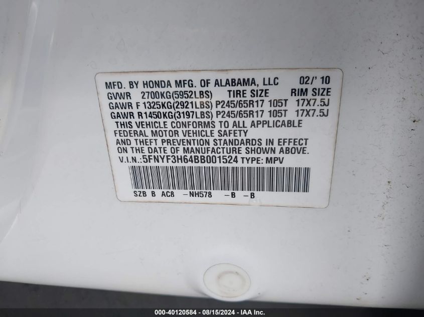 2011 Honda Pilot Ex-L VIN: 5FNYF3H64BB001524 Lot: 40120584