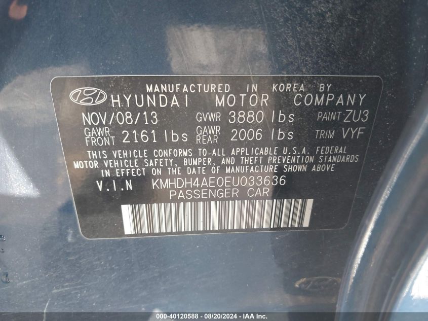 2014 Hyundai Elantra Limited VIN: KMHDH4AE0EU033636 Lot: 40120588