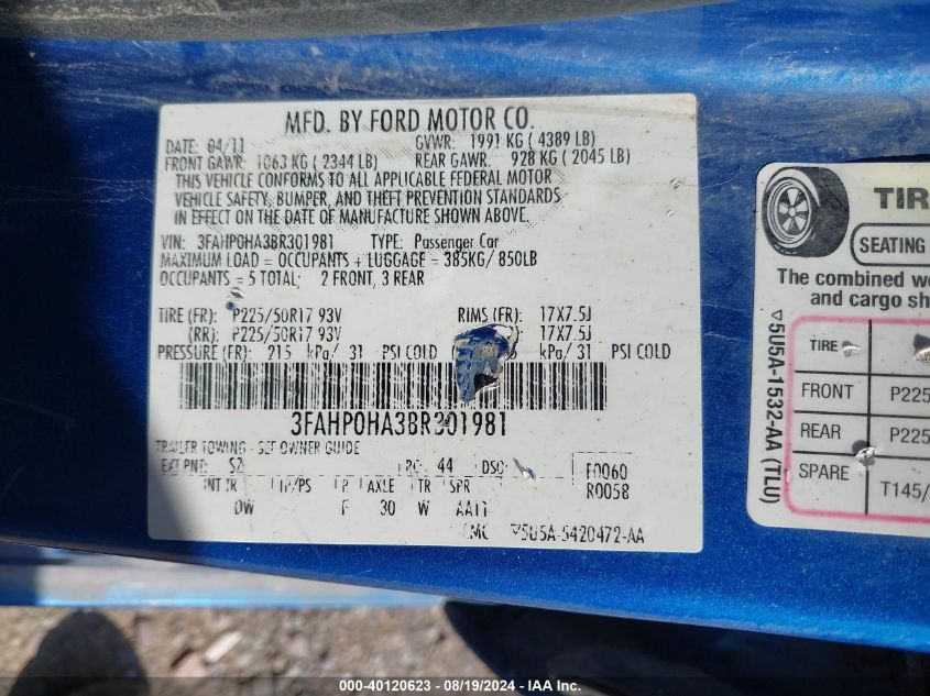 2011 Ford Fusion Se VIN: 3FADP0JA3BR321981 Lot: 40120623