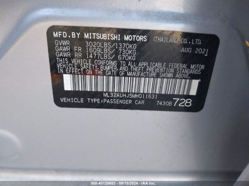 2021 Mitsubishi Mirage Carbonite Edition/Es/Le VIN: ML32AUHJ5MH011631 Lot: 40120653