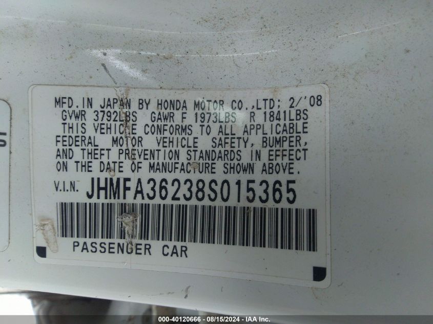 2008 Honda Civic Hybrid VIN: JHMFA36238S015365 Lot: 40120666