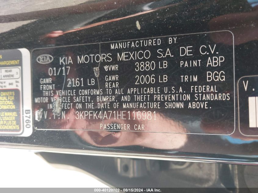 2017 Kia Forte Lx VIN: 3KPFK4A71HE116981 Lot: 40120702