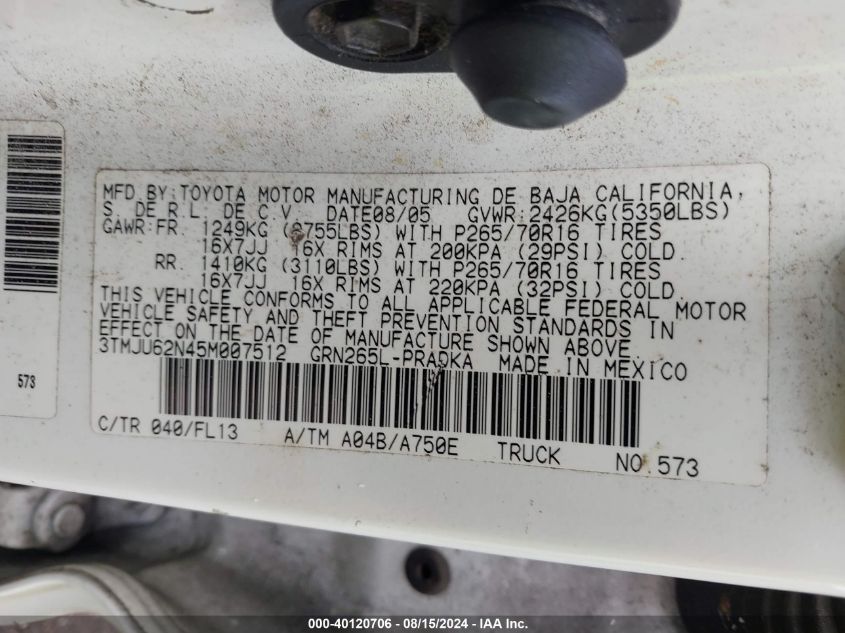 2005 Toyota Tacoma Prerunner V6 VIN: 3TMJU62N45M007512 Lot: 40120706