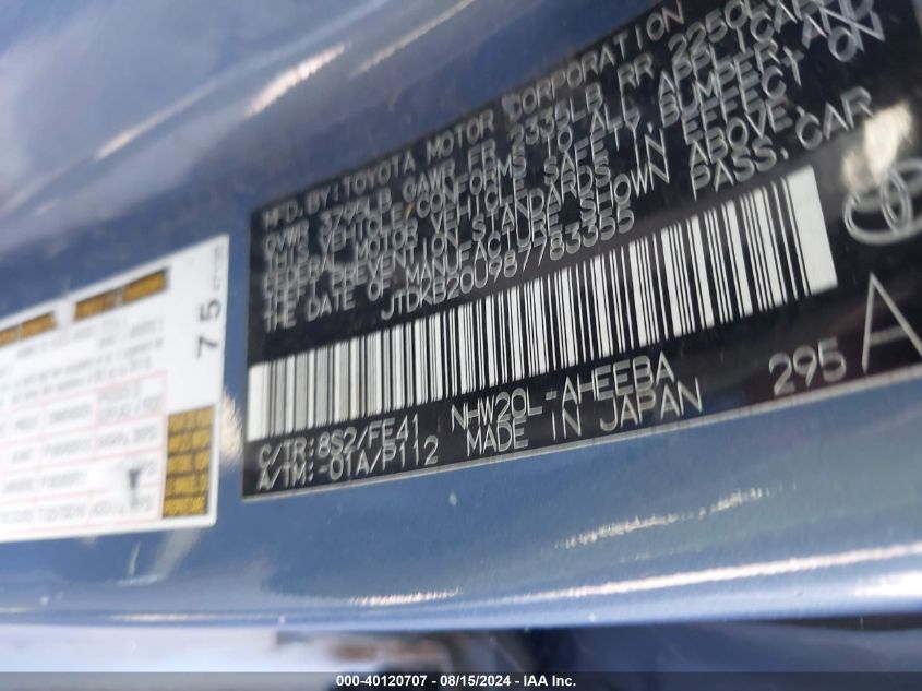 2008 Toyota Prius VIN: JTDKB20U987783355 Lot: 40120707