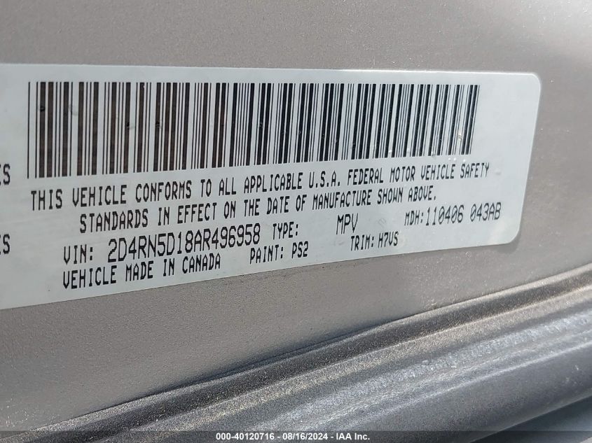 2010 Dodge Grand Caravan Sxt VIN: 2D4RN5D18AR496958 Lot: 40120716