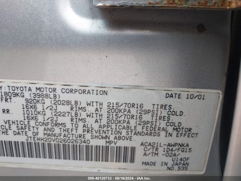 2002 Toyota Rav4 VIN: JTEHH20V026026340 Lot: 40120733