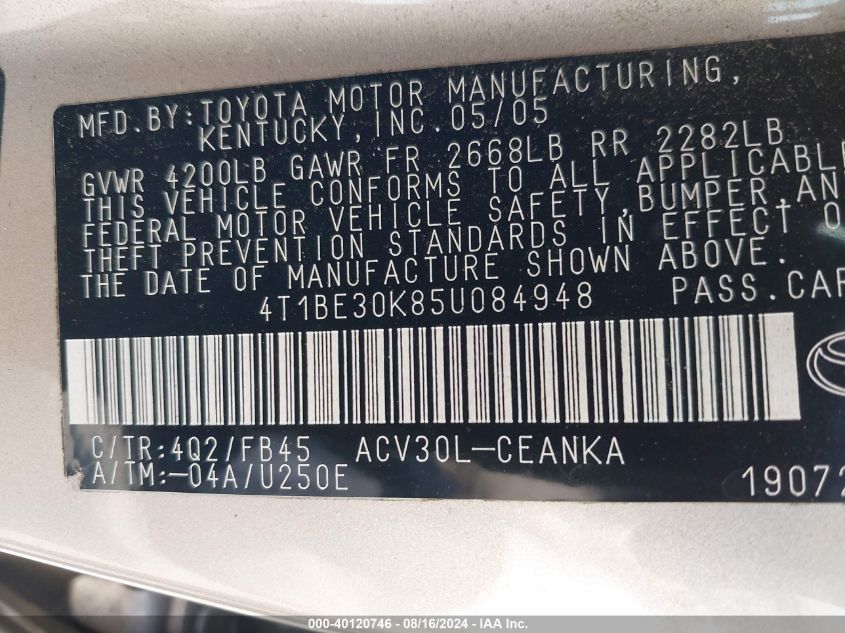 2005 Toyota Camry Le VIN: 4T1BE30K85U084948 Lot: 40120746