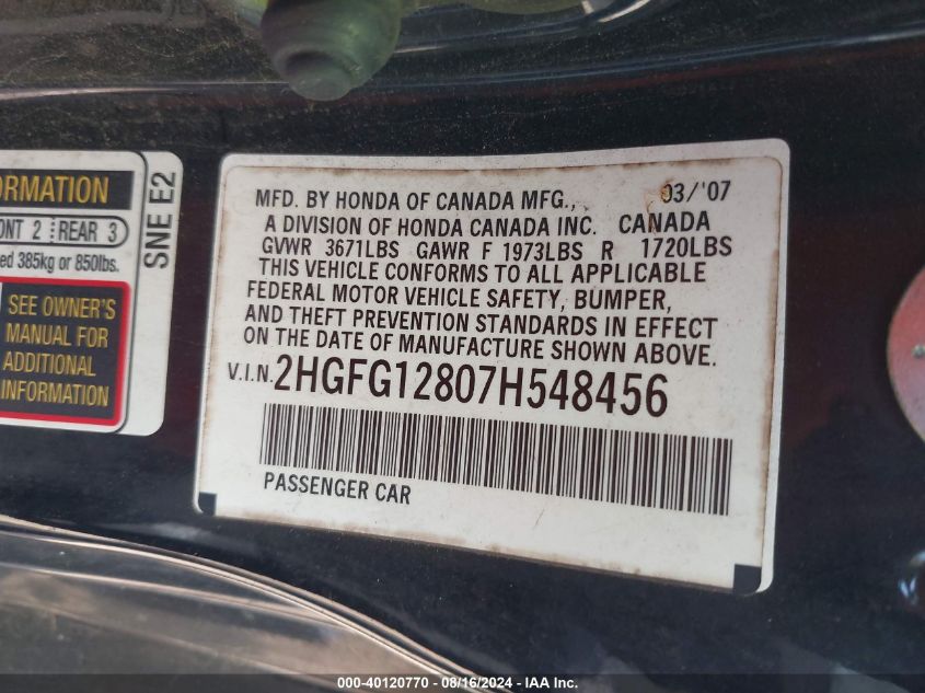 2007 Honda Civic Ex VIN: 2HGFG12807H548456 Lot: 40120770