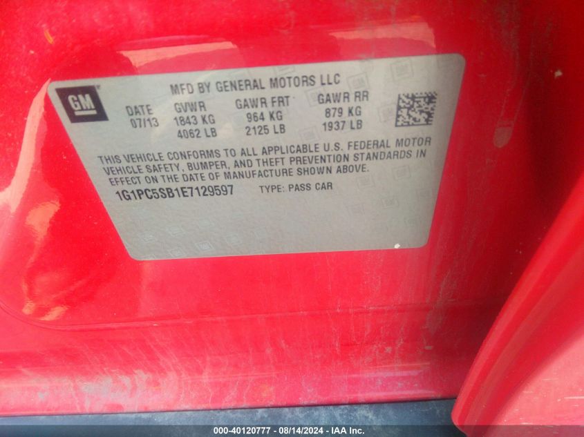 2014 Chevrolet Cruze 1Lt Auto VIN: 1G1PC5SB1E7129597 Lot: 40120777