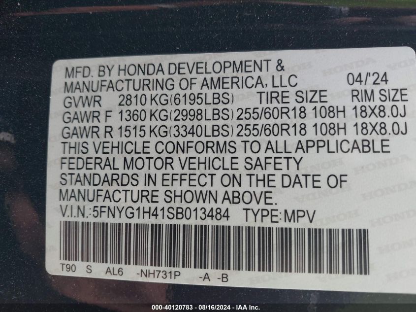 VIN 5FNYG1H41SB013484 2025 Honda Pilot, Awd Ex-L no.9