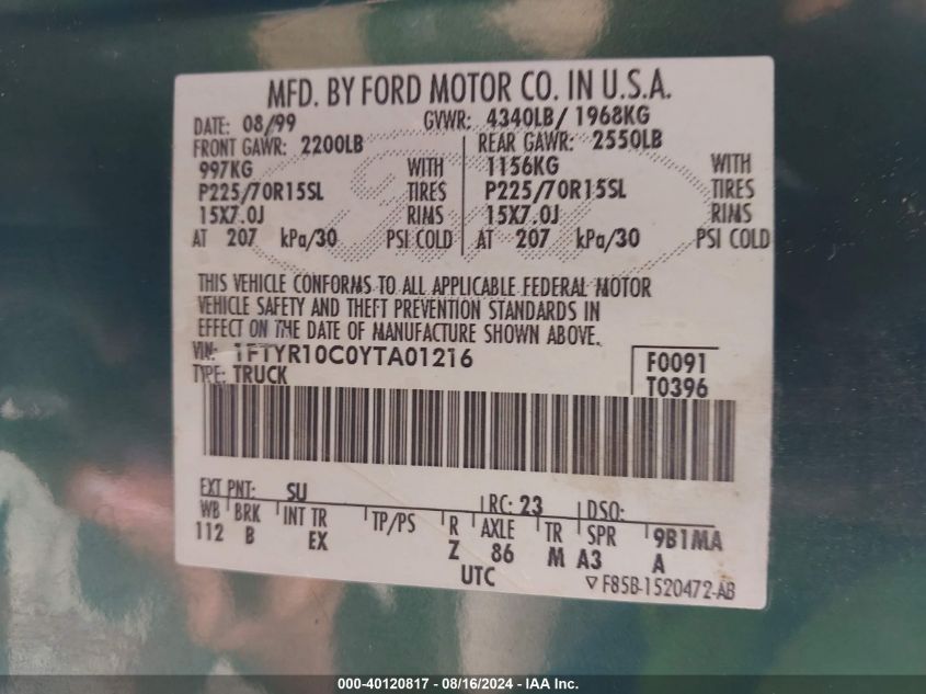 2000 Ford Ranger Xl/Xlt VIN: 1FTYR10C0YTA01216 Lot: 40120817