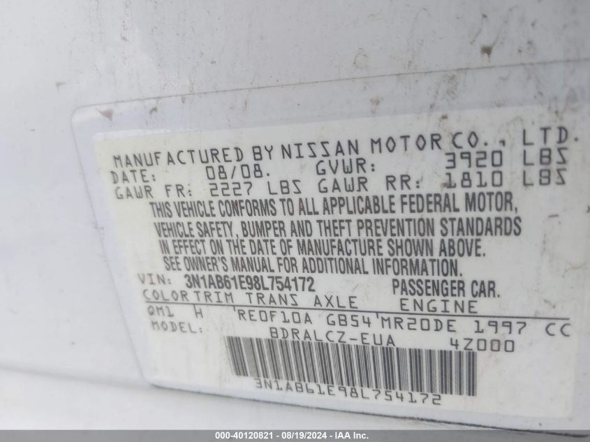 2008 Nissan Sentra 2.0 VIN: 3N1AB61E98L754172 Lot: 40120821