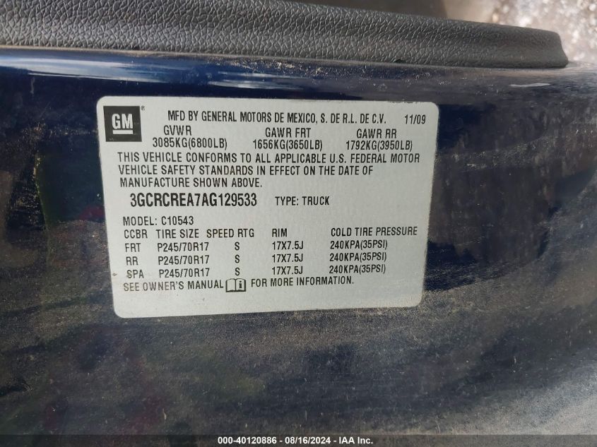 2010 Chevrolet Silverado C1500 Ls VIN: 3GCRCREA7AG129533 Lot: 40120886