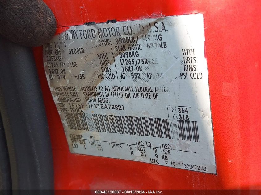 2001 Ford F350 Srw Super Duty VIN: 1FTSF31FX1EA78821 Lot: 40120887