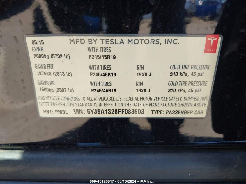 2015 Tesla Model S 70D/85D/P85D VIN: 5YJSA1S28FF083603 Lot: 40120917