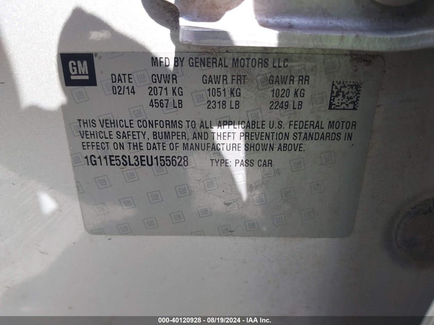 2014 Chevrolet Malibu 2Lt VIN: 1G11E5SL3EU155628 Lot: 40120928
