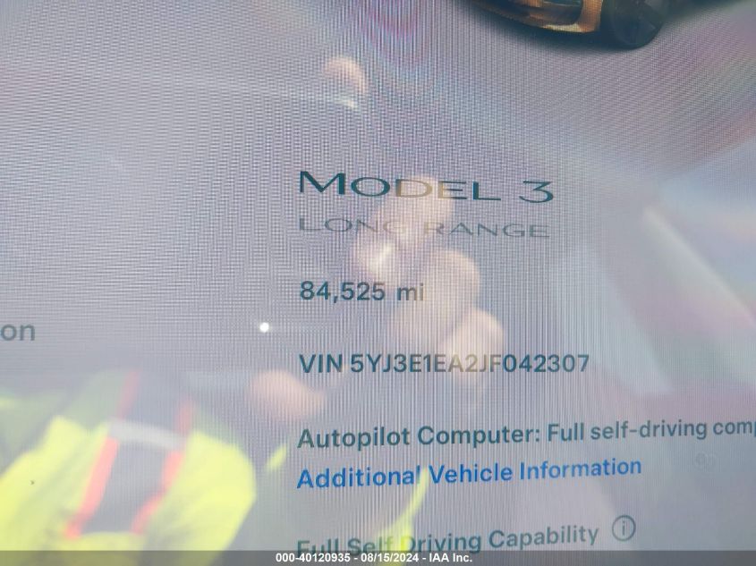 2018 Tesla Model 3 Long Range/Mid Range VIN: 5YJ3E1EA2JF042307 Lot: 40120935