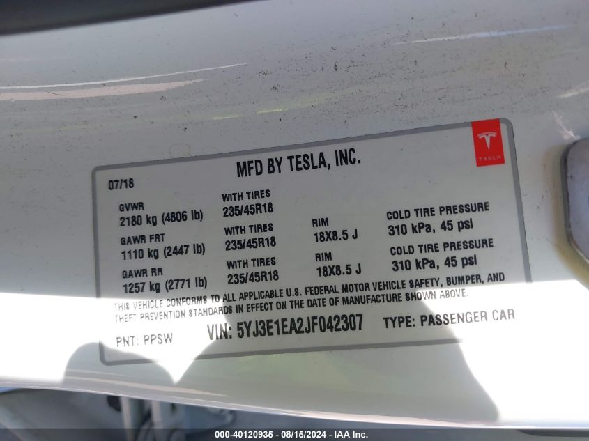 2018 Tesla Model 3 Long Range/Mid Range VIN: 5YJ3E1EA2JF042307 Lot: 40120935