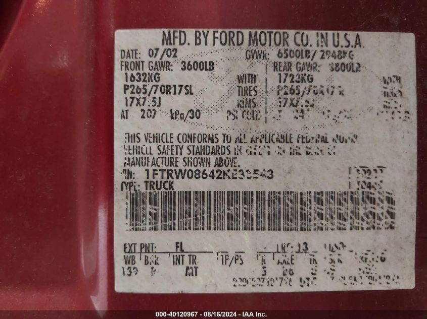 2002 Ford F-150 Lariat/Xlt VIN: 1FTRW08642KE38543 Lot: 40120967
