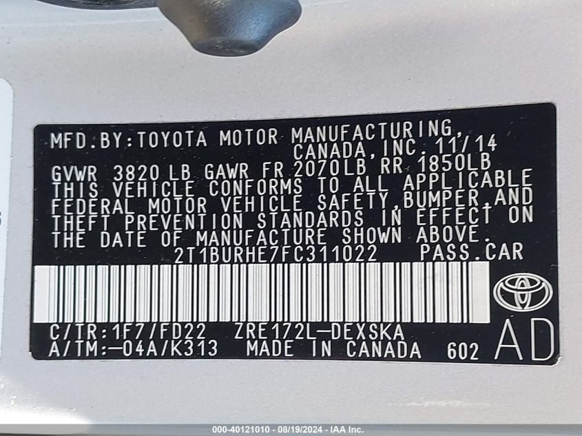 2015 Toyota Corolla S VIN: 2T1BURHE7FC311022 Lot: 40121010