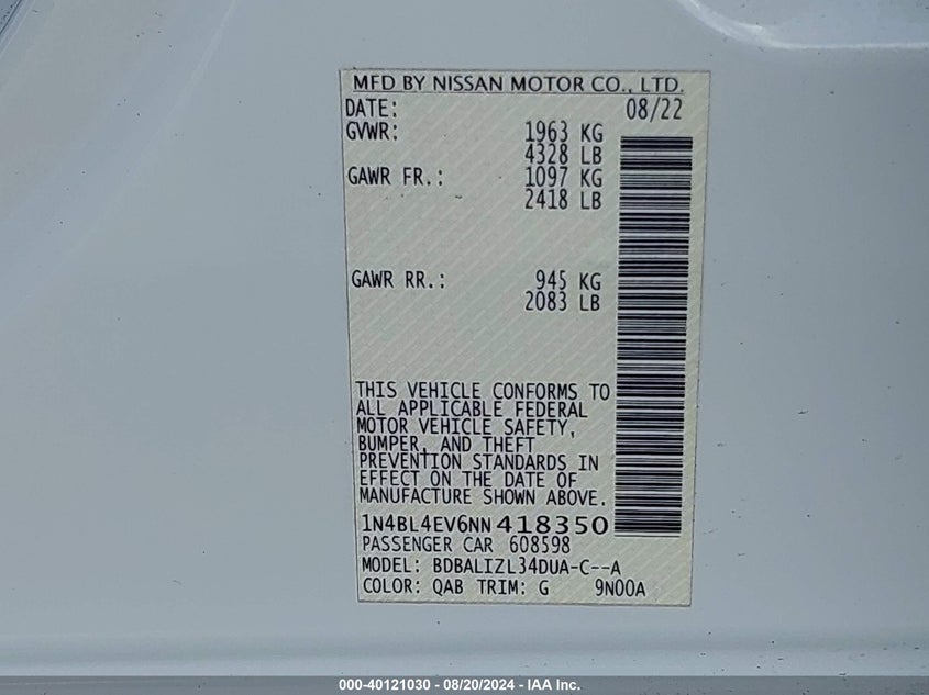 2022 Nissan Altima Sl Fwd VIN: 1N4BL4EV6NN418350 Lot: 40121030
