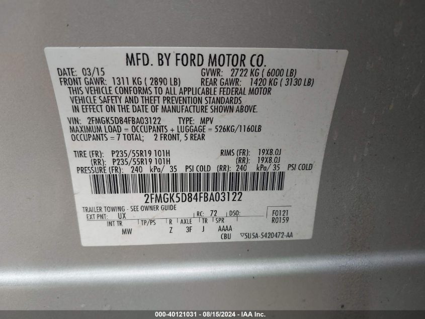 2FMGK5D84FBA03122 2015 Ford Flex Limited